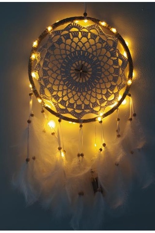 Led Işıklı Düş Kapanı Dreamcatcher Beyaz Kuş Tüyü Rüya Kapanı Duvar Süsü Elişi Beyaz