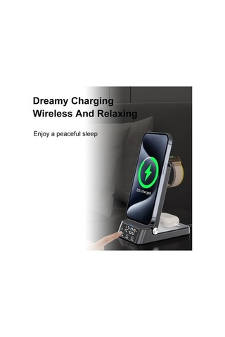 Pazly 15w 4-in-1 Manyetik Kablosuz Şarj İstasyonu, Saatli, Hızlı Şarj, Kullanışlı Tasarım