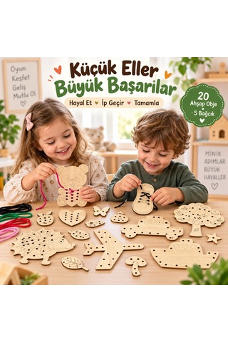 Eğitici Ahşap Ip Geçirme Örgü Seti 25 Parça Montessori El Kası Geliştirme