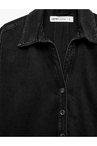 Koton Arkası Katlama Detaylı V Yaka Düğmeli 3/4 Kollu Oversize Denim Gömlek Siyah 7wal60012md