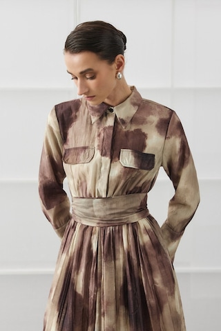 Molene Kahverengi Batik Desen Maxi Elbise