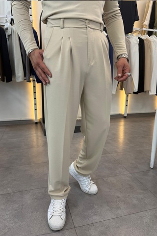 Yarım Balıkçı Pamuk Örme Likralı Esnek Rahat Kumaş Pileli Pantolonlu Takım krem