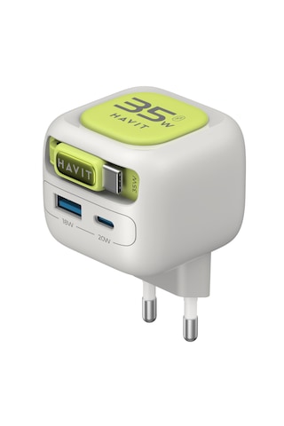 Havit Uc251 35w Gan Pd Hızlı Şarj Adaptörü - Geri Sarılan Usb-c Kablolu, Usb-a/usb-c Gri - Yeşil