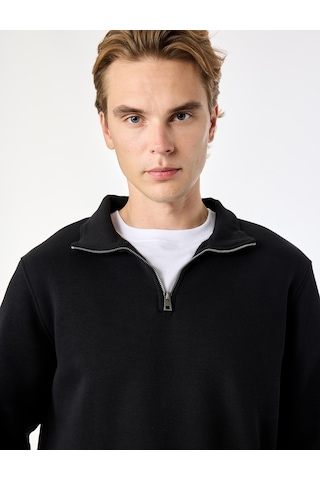 Koton Şardonlu Regular Fit Uzun Kollu Fermuarlı Yaka Sweatshirt Siyah 7wam70003mk