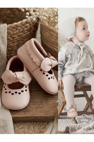 Denokids Kız Bebek Patik Hakiki Deri Pembe Yumuşak Taban Ayakkabı 17-21 Numara Renkli