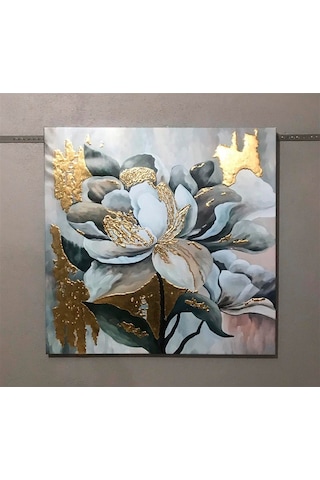 Modern Beyaz Çiçek Kanvas Tablo Gold Varak Işlemeli