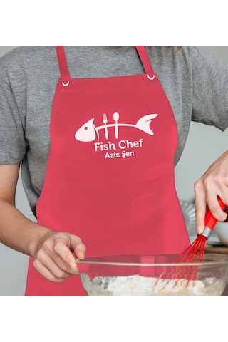 Bk Gift Kişiye Özel Balık Şef Kırmızı Profosyonel Önlük - 1, Aşçı Önlüğü, Şef Önlüğü, Babaya