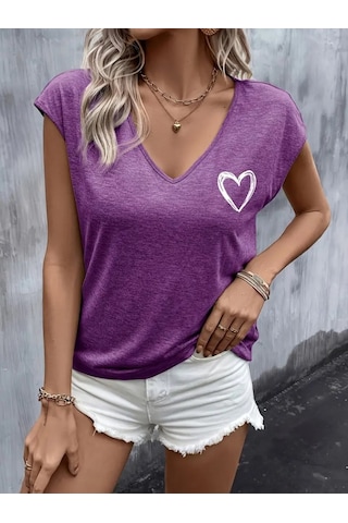 Kadın Kısa Kollu V Yakalı Kalp Baskılı Viskon Bluz Mor