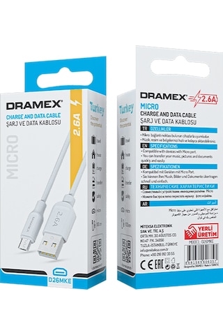Dramex D26MKE 2.6A Micro-USB Şarj ve Data Kablosu Ekonomik Kutu