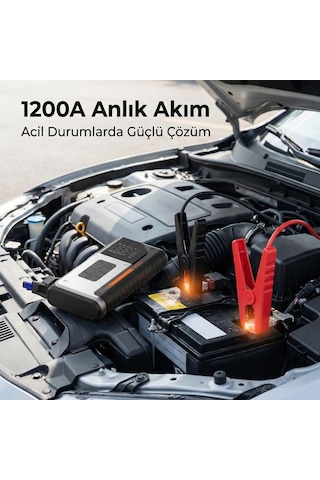 Akü Takviyeli Lastik Şişirme Hava Kompresörü, 150 Psı Güçlü Hava Basıncı, 12000 Mah Uzun Şarj Ömrü, 1200a A