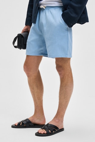 Grımelange LEYTON Erkek Relaxed Fit Çift Cepli Beli Lastikli Keten Karışımlı Dokuma Mavi Şort & Bermuda