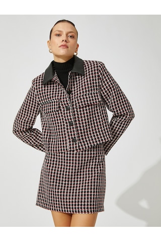 Koton Crop Tüvit Ceket Suni Deri Detaylı Siyah Ekose 3wak50174uw 3WAK50174UW9C9 Siyah