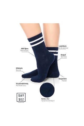Saysez Bambu Unisex Tenis Kolej Çizgili Premium Lacivert Renk Dikişsiz Soket Çorap 3'lü Paket Lacivert