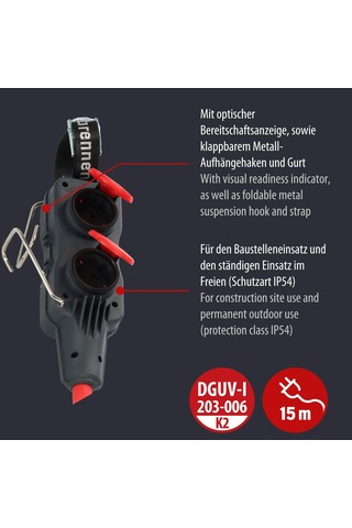 Brennenstuhl Profesyonel Powerblock Serisi Ip54 Lisanslı Asma Aparatlı 4 Soketli 15 Metre Kablolu Seyyar Uzatma Priz H07rn-f 3g1.5