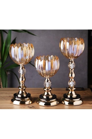 3 Lü Kristal Cam Şamdan, Vazo Gold Metal Ayak 4470