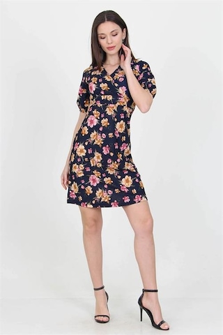 Neşeli Butik Kadın Kruvaze Yaka Çiçek Desenli Örme Krep Mini Elbise Nb100221 Lacivert
