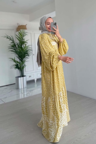 Çiçek Desenli Kuşaklı Elbise - Sarı Sarı