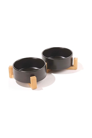 M-pets Opera Bamboo Standlı Seramik Kedi Ve Köpek Mama Kabı Siyah 2x850 Ml 244-51020.02