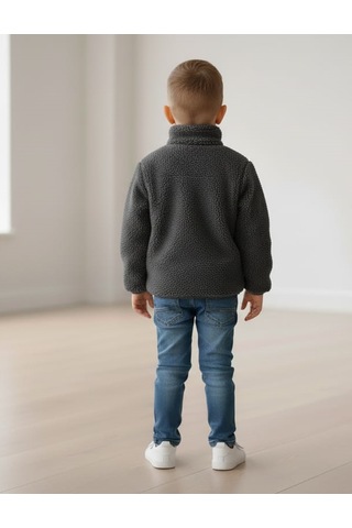 Smalltouch Unisex Çocuk Yumuşak Dokulu Astarlı Fermuarlı Cepli Peluş Hırka Füme