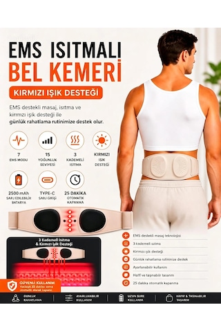 Ems Isıtmalı Bel Masaj Kemeri -7 Mod 15 Yoğunluk 3 Kademeli Isıtma Kırmızı Işık Type-c Şarjlı 2500 Mah Bej