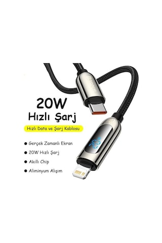 Baseus CATLSK-01 20W Dijital Göstergeli Type-C Lightning Hızlı Şarj Kablosu 1 M