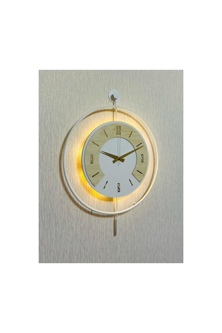 Pey Aksesuar Işıklı Orijinal Metal- İskandinav Metal Duvar Saati 50x70 Büyük Boy Cm Metal Ahşap Ve Işığın Muhteşem Uyumu Duvar Saati Dekoratif Ahşap-m54-beyaz-beyaz-akça-gold