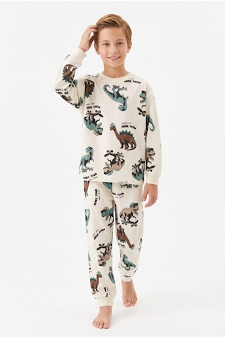 Bunny Hopp Erkek Çocuk Uzun Kollu Pijama Takımı %100 Pamuk Ekru Dinamik Dinozor Desenli Penye