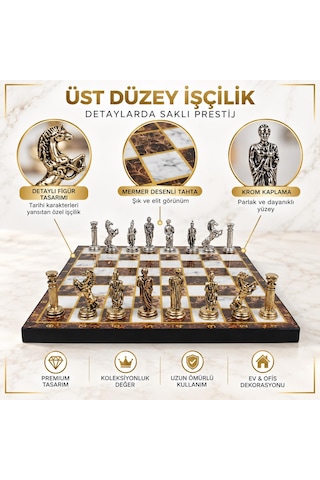 Lüks Metal Satranç Takımı Osmanlı Bizans Figürlü Krom Kehribar Mermer Desenli 20 X 20 Premium Hediye