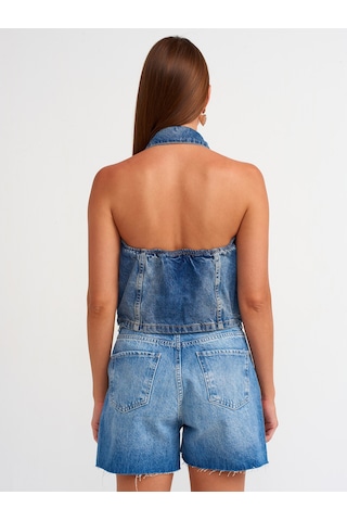 Dilvin Paçası Kesik Denim Şort Mavi