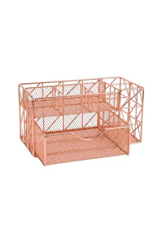 Rose Gold Metal Mesh Masaüstü Organizer Çekmeceli Çok Bölmeli 21.8x11.5x11 Cm 9510 Genel