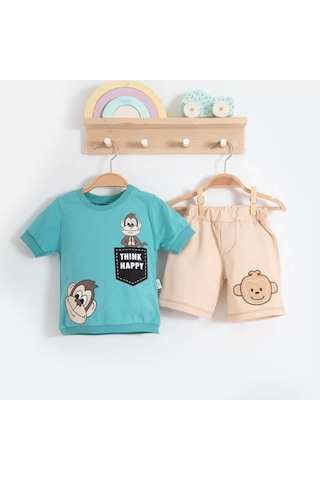 3-18 Ay Erkek Bebek Alt&üst Takımı Maymun 2li Mavi Mavi