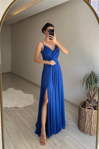 Neşeli Butik Kadın Işıltılı Askılı Yırtmaç Detayı Şifon Abiye Elbise Nm002 Mavi