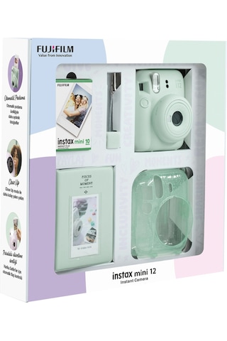 Fujifilm Instax Mini 12 Fotoğraf Makinesi + 10'lu Film + Simli Pleksi Kılıf + Pvc Albüm + Kıskaçlı Resim Standı Yeşil