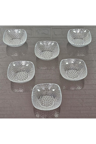 6 Kişilik Kare Kesme Dekorlu Çerezlik Sade Cam Kase 12 Cm Naturel