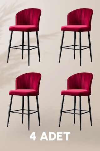 Rubi Bar Sandalye - Babyface Bordo - Siyah Metal Ayak - Bar Taburesi / Bar Sandalyesi 4 Adet Bordo