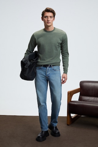 Grimelange VAREX Erkek Yuvarlak Yaka Basic Slim Fit Triko Haki Kazak