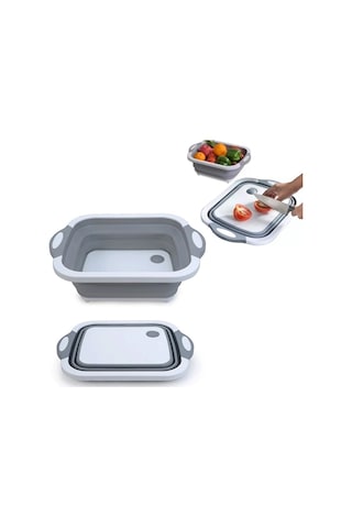 Qu Katlanabilir Sebze Yıkama Sepeti Ve Kesme Tahtası - Gri - 1 Adet