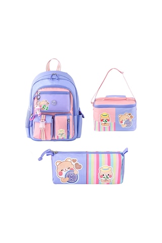 Muggle 3 Bölmeli Funny Okul Sırt Çanta Seti Çanta+beslenme Çantası+kalemlik Lila