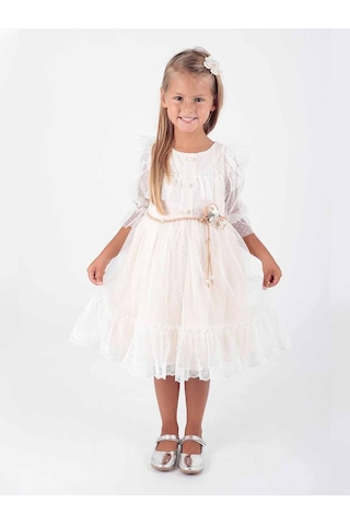 Ahengim Kız Çocuk Tokalı Kemerli Dantelli Trend Tül Elbise Ak2206 001