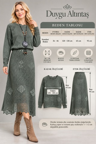 Duygu Altıntaş Triko Etek Kazak İkili Takım Desenli Örme 36-46 Beden Uyumlu Haki - 929999353 Haki - 929999353 Haki