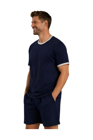 Pijamask Erkek Baskılı Şortlu Pamuklu Yazlık Pijama Takım Koyu Lacivert