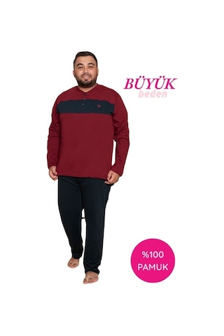 Erkek Büyük Battal Beden Desenli 3 Düğmeli %100 Pamuk Mevsimlik Uzun Kol Cepli Pijama Takımı Bordo