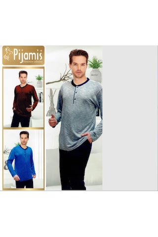 Pijamis 1978 Erkek O Yaka Pijama Takımı Gri-Mavi-Bordo (445374845)