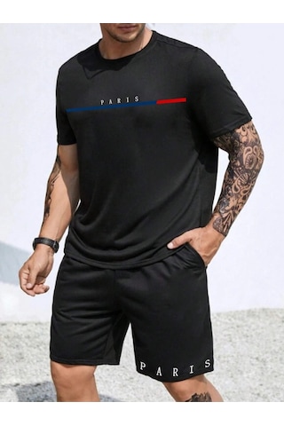 Unisex Oversize Paris Çizgi Baskılı Siyah Bisiklet Yaka T-shirt Şort Siyah