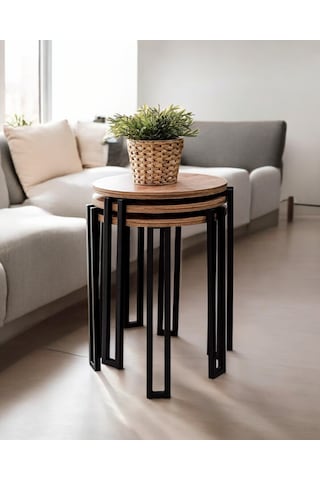 3 Lü Zigon Sehpa Metal Ayaklı Çam Ahşap Yuvarlak Misafir Sehpası