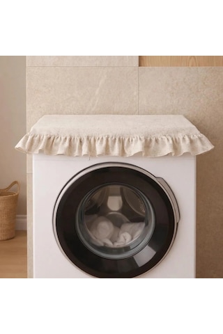 Fırfırlı Çamaşır Makinesi Örtüsü - Çeyizlik Dekoratif Banyo Makine Kılıfı- Krem
