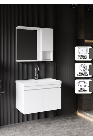 Karen Banyo Deniz Banyo Dolabı Seti, 80 Cm Beyaz, Lavabo Dahil, Lavabolu Beyaz