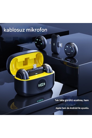 Kablosuz Profesyonel İkili Yayın Yaka Mikrofonu Şarj Kutulu, Mıknatıslı, Type-c & Lightning Çıkışlı, Uzun Pil Ömürlü