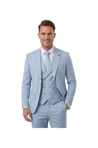 Deep Sea Deepsea Erkek Mavi Premium Collection Slim Fit Likralı 3 Lü Takım Elbise Kruvaze Yelekli İtalyan Kesim 2600342