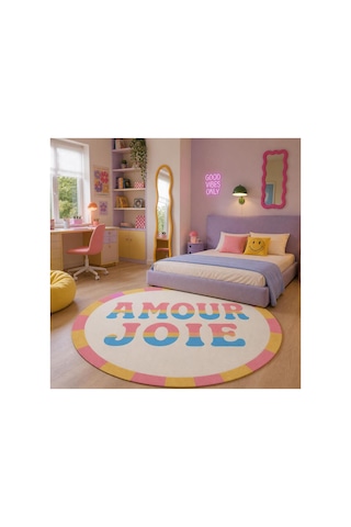 "aura" Serisi - Amour Joie Yazılı Retro Yuvarlak Krem Pembe Sarı Pastel Dokuma Taban Dekoratif Halı Aura27 Çok Renkli